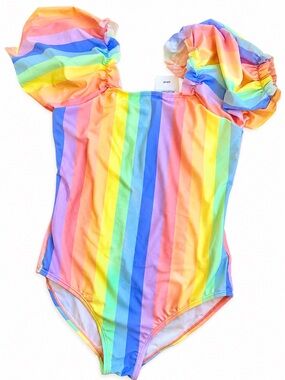 Cotton On Girls Paige Puff Sleeve Rainbow Sherbet One Piece swimsuit Size 13-14